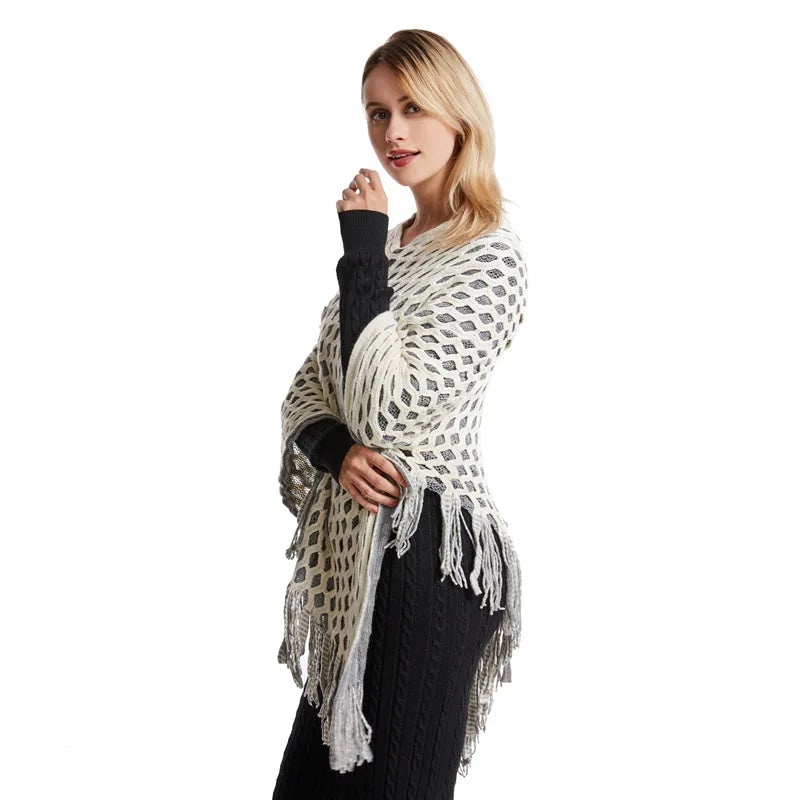Poncho Tricot Com Franjas