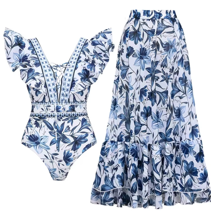 Maiô Com Babados Azul Floral