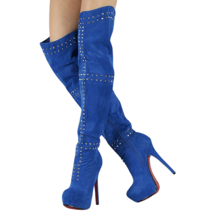 Bota Over The Knee Com Rebites Azul