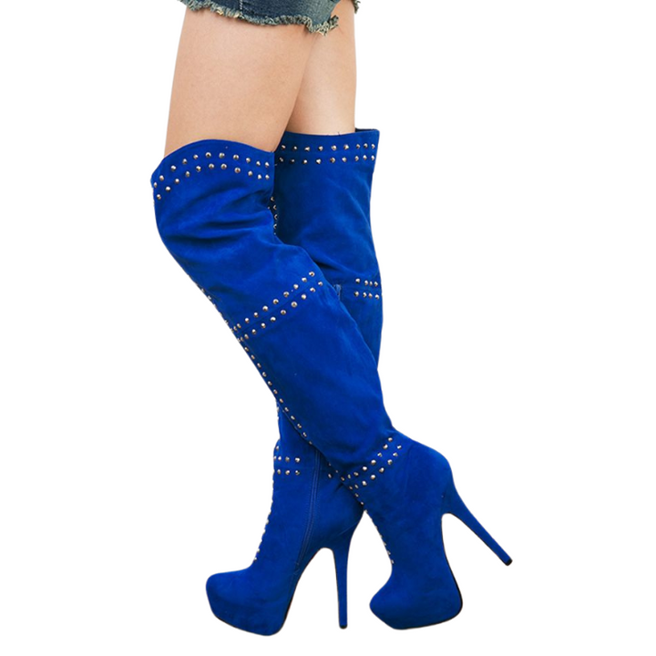 Bota Over The Knee Com Rebites Azul
