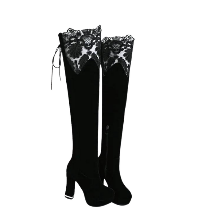 Bota Over The Knee Salto Renda Preta - Poderosa
