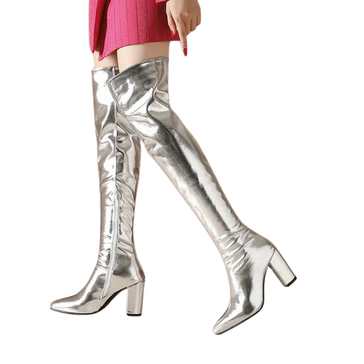 Bota Over The Knee Metalizada Prata