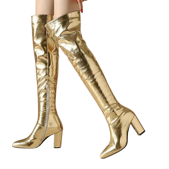 Bota Over The Knee Metalizada Dourada
