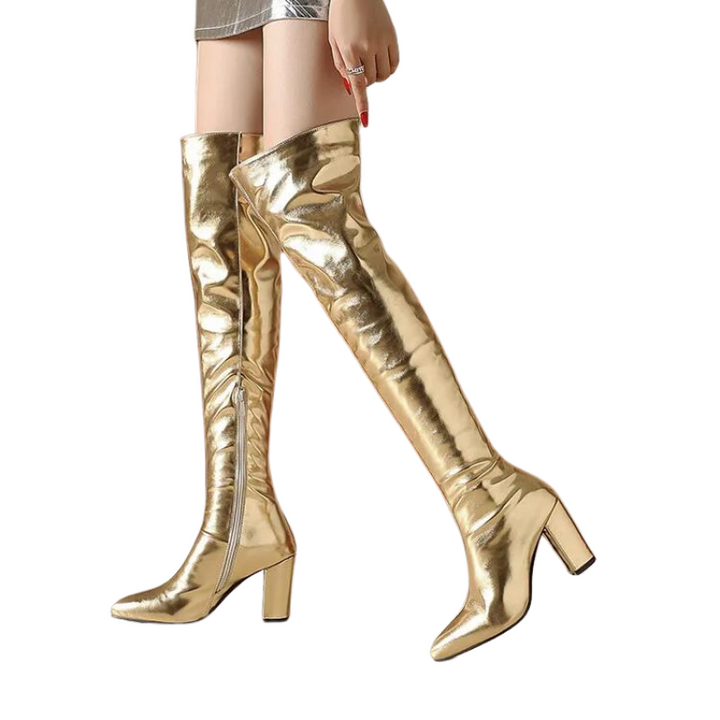 Bota Over The Knee Metalizada Dourada