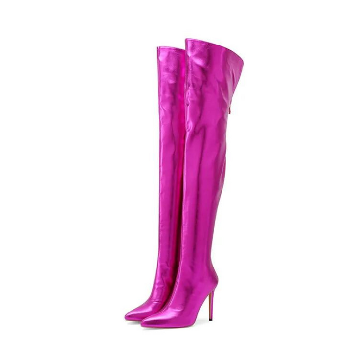 Bota Feminina Over The Knee Couro Metalizado