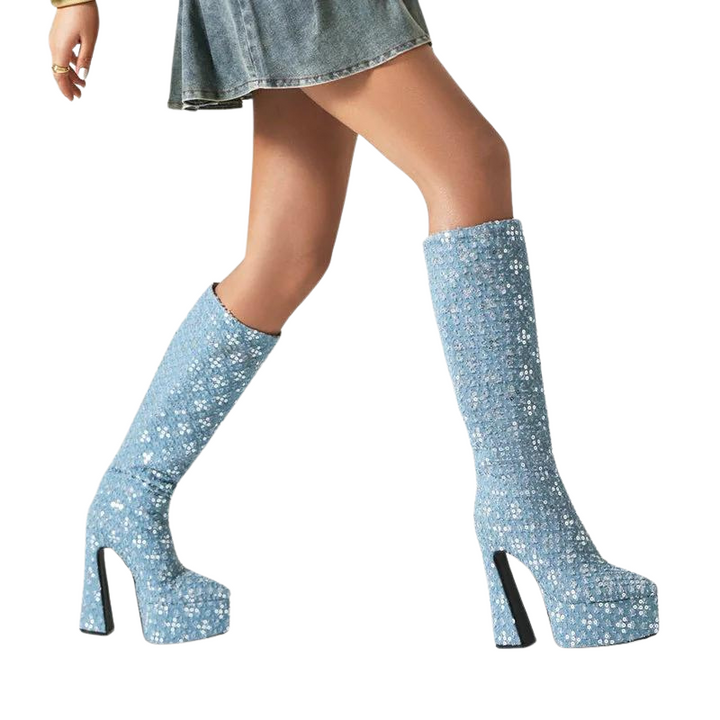 Bota Cano Longo Paetês Azul