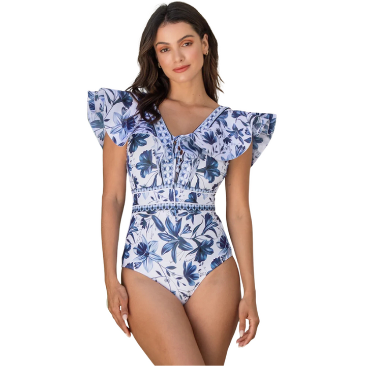 Maiô Com Babados Azul Floral