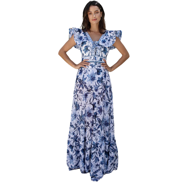 Maiô Com Babados Azul Floral