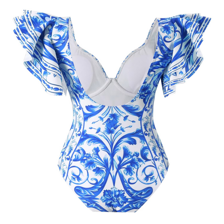 Maiô feminino azul com estampa barroca e alças com babados - Poderosa