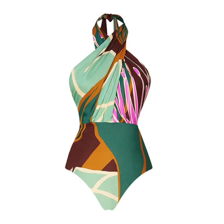 Maiô feminino com estampa abstrata em tons de verde, marrom e rosa, com faixa marcando a cintura, modelo sem alças com amarração no pescoço.