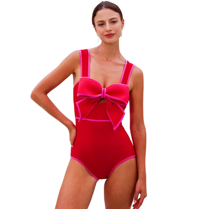 Maiô Vermelho Com Laço Pink Contrastante