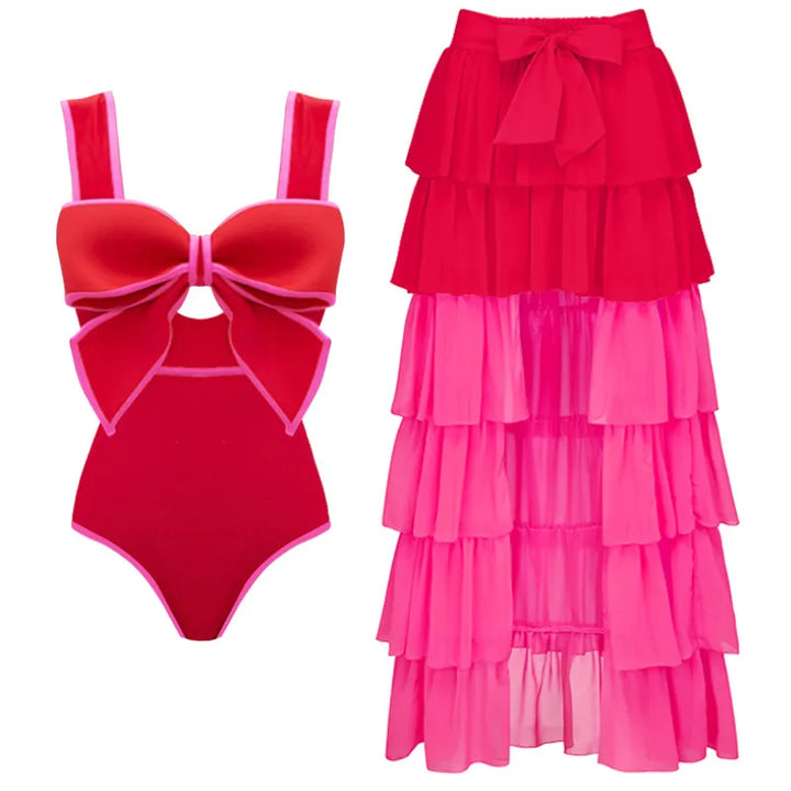 Maiô Vermelho Com Laço Pink Contrastante
