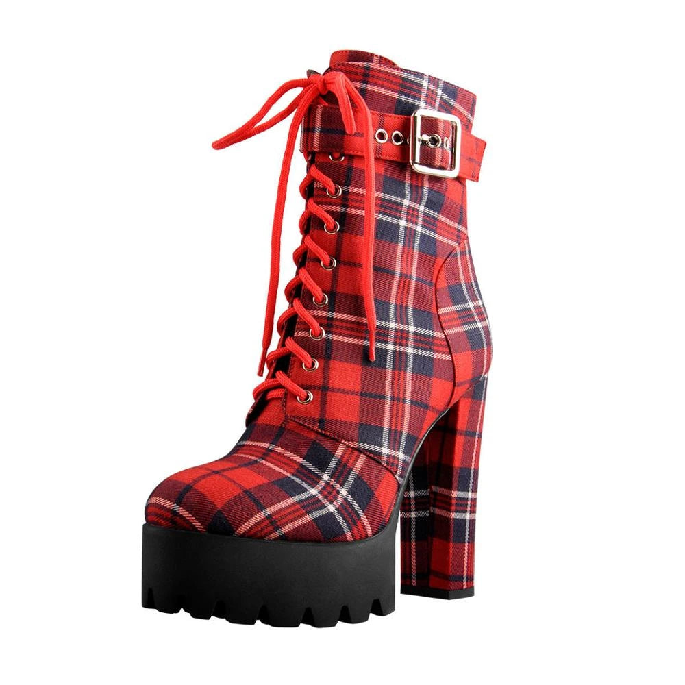 Bota Coturno Cano Baixo Salto Bloco Xadrez