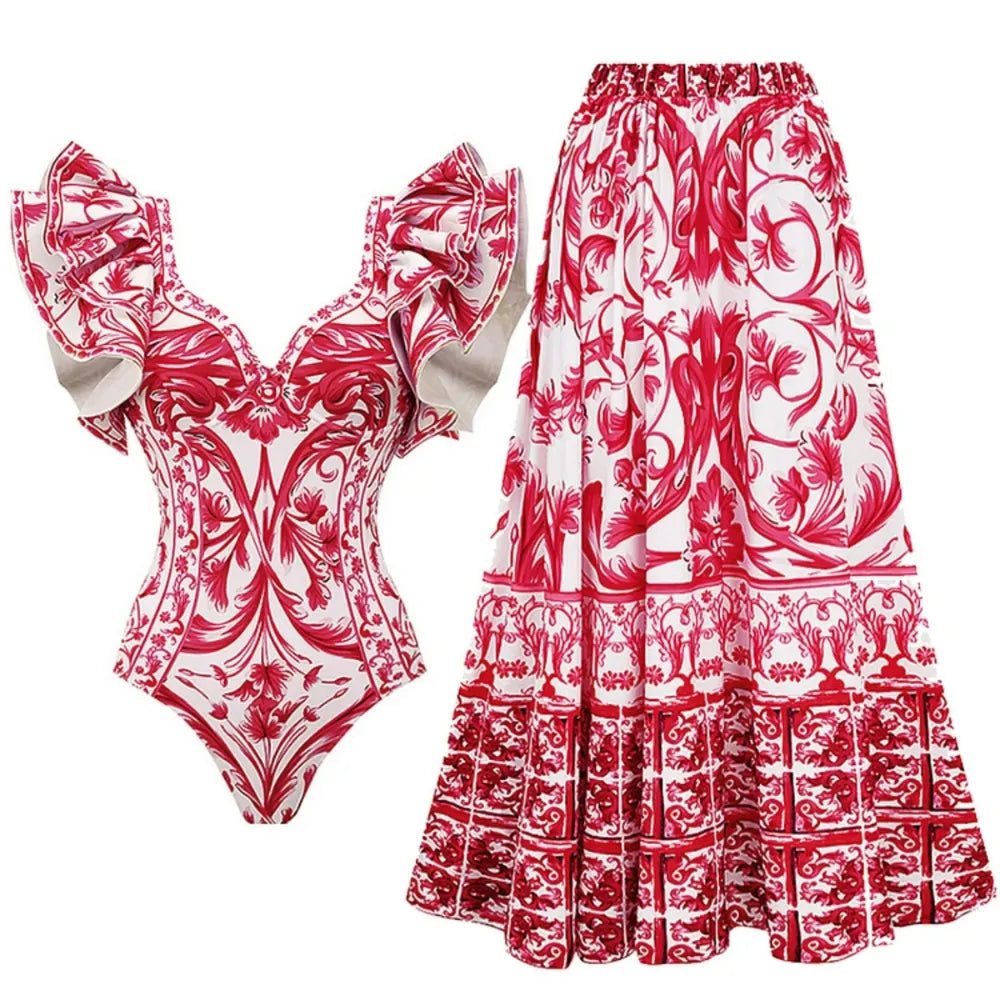 Conjunto maiô com babados e saia longa estampada vermelha estilo barroco feminino - Poderosa

