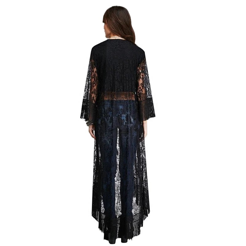 Cardigan Alongado Renda Com Franjas