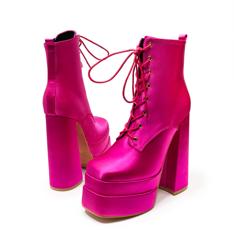 Bota Coturno Salto Bloco Cetim Pink