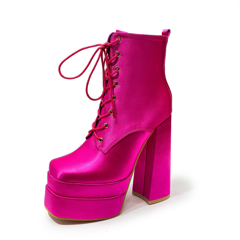 Bota Coturno Salto Bloco Cetim Pink