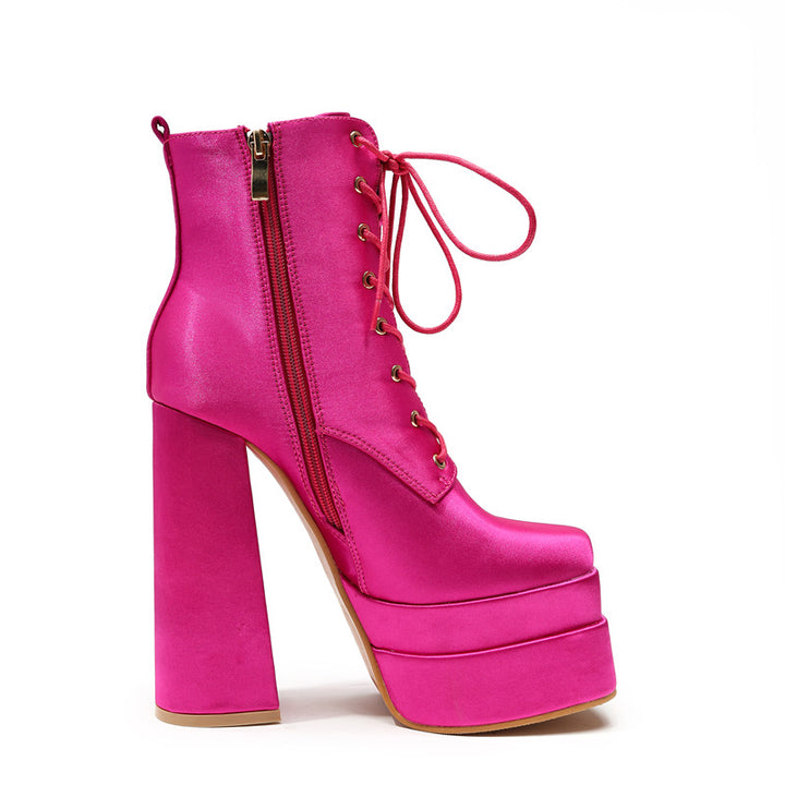 Bota Coturno Salto Bloco Cetim Pink