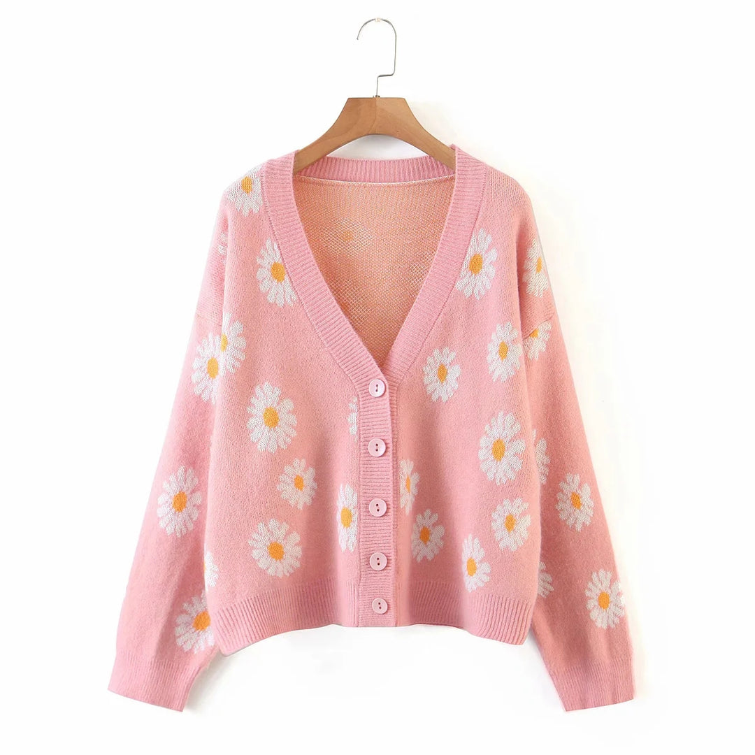 Casaco Tricot Jacquard Margaridas