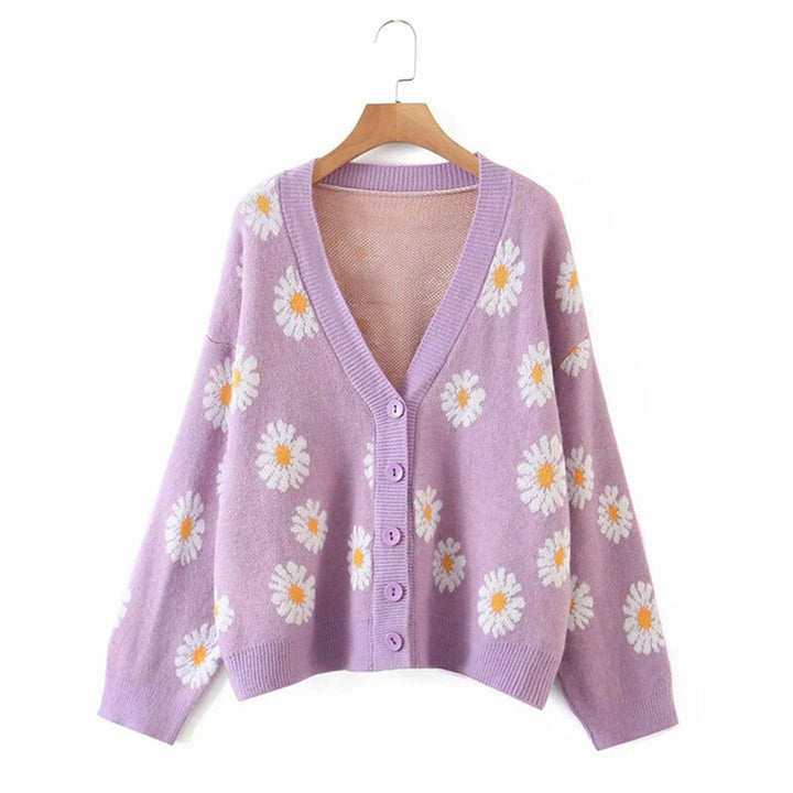 Casaco Tricot Jacquard Margaridas
