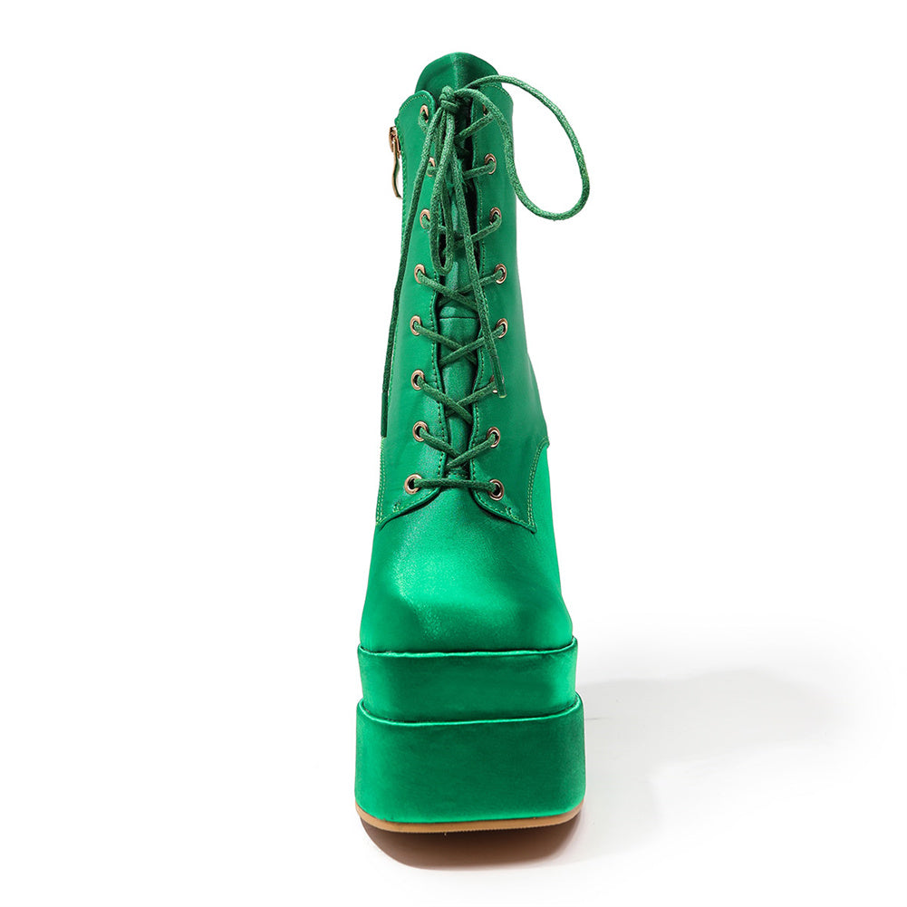 Bota Coturno Salto Bloco Cetim Verde
