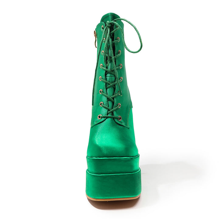 Bota Coturno Salto Bloco Cetim Verde