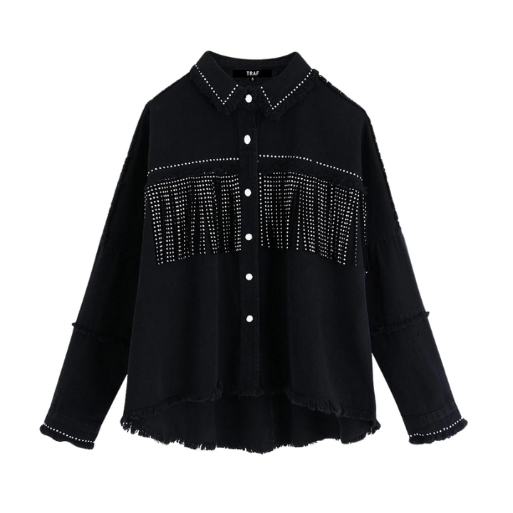 Jaqueta Jeans Feminina Com Apliques Preta