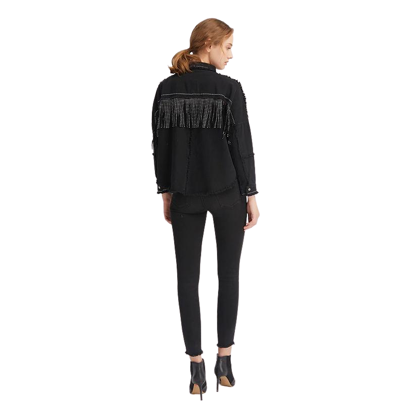 Jaqueta Jeans Feminina Com Apliques Preta
