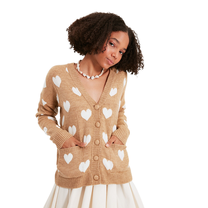 Cardigan Tricô Coração Bege