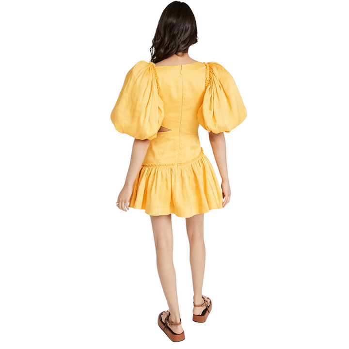 Vestido Com Vazado Manga Bufante Amarelo