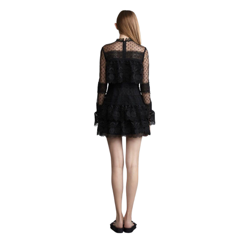Vestido De Renda Manga Tule Preto