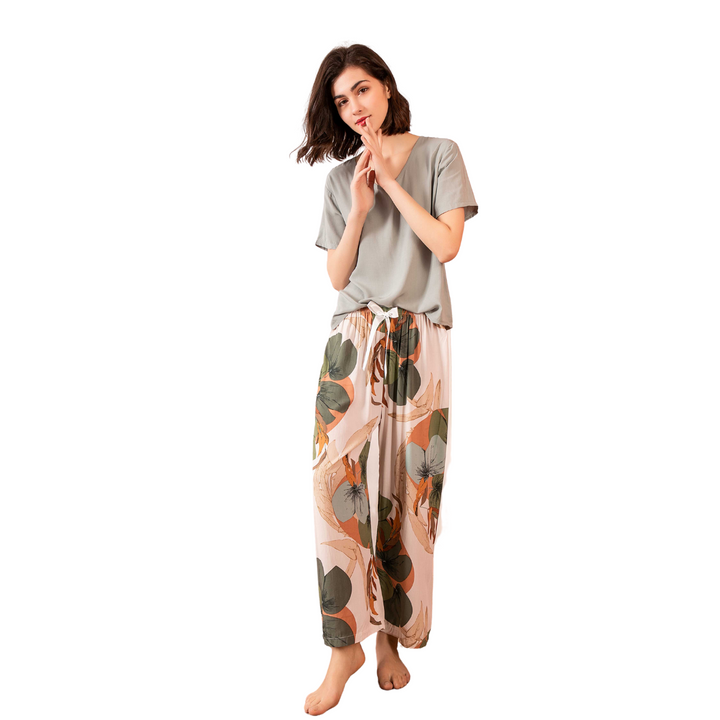 Pijama Camisa Manga Curta e Calça Estamado Floral