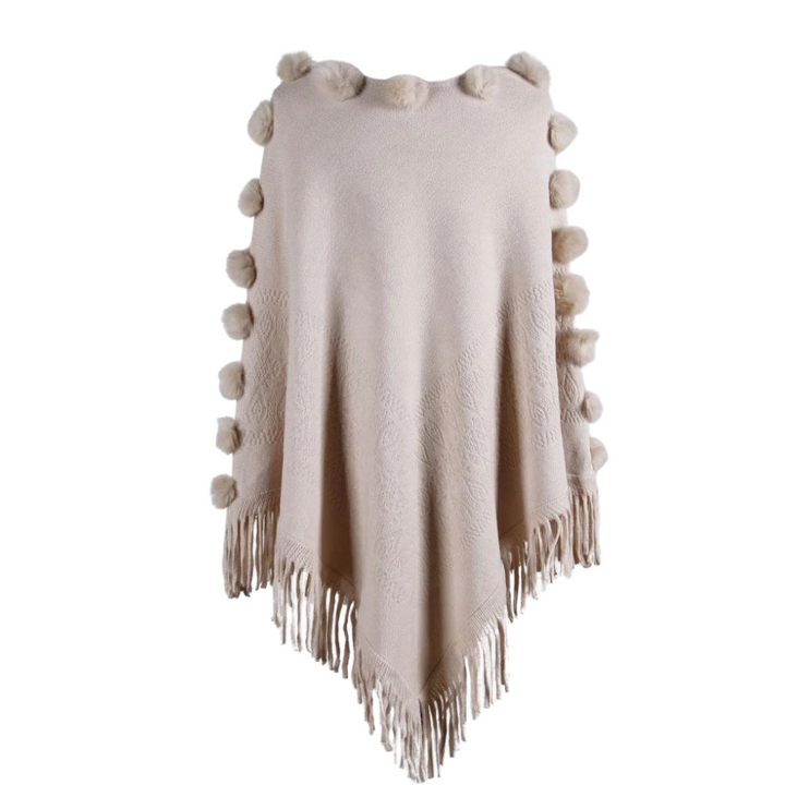 Poncho Tricot Com Franjas Detalhe Pompom