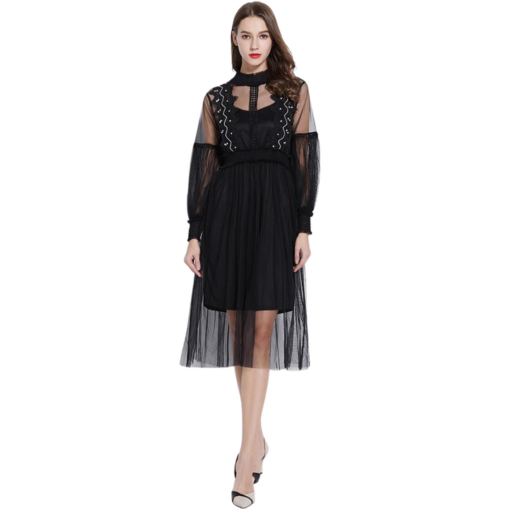 Vestido Manga Longa Tule Preto