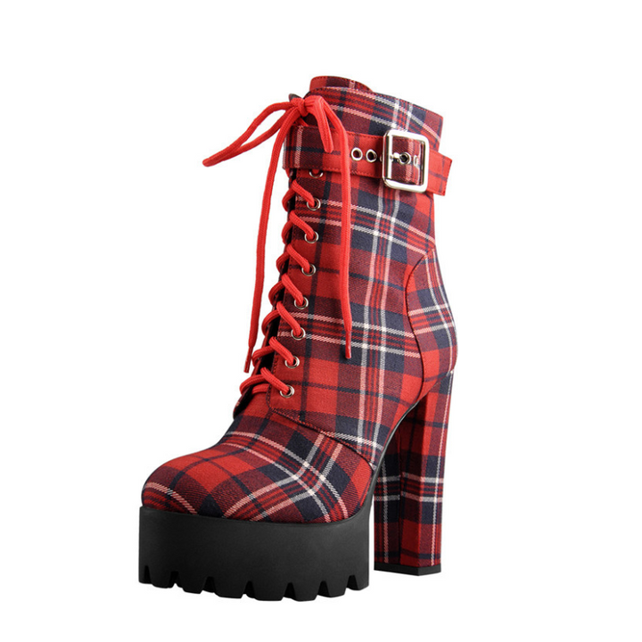 Bota Coturno Cano Baixo Salto Bloco Xadrez