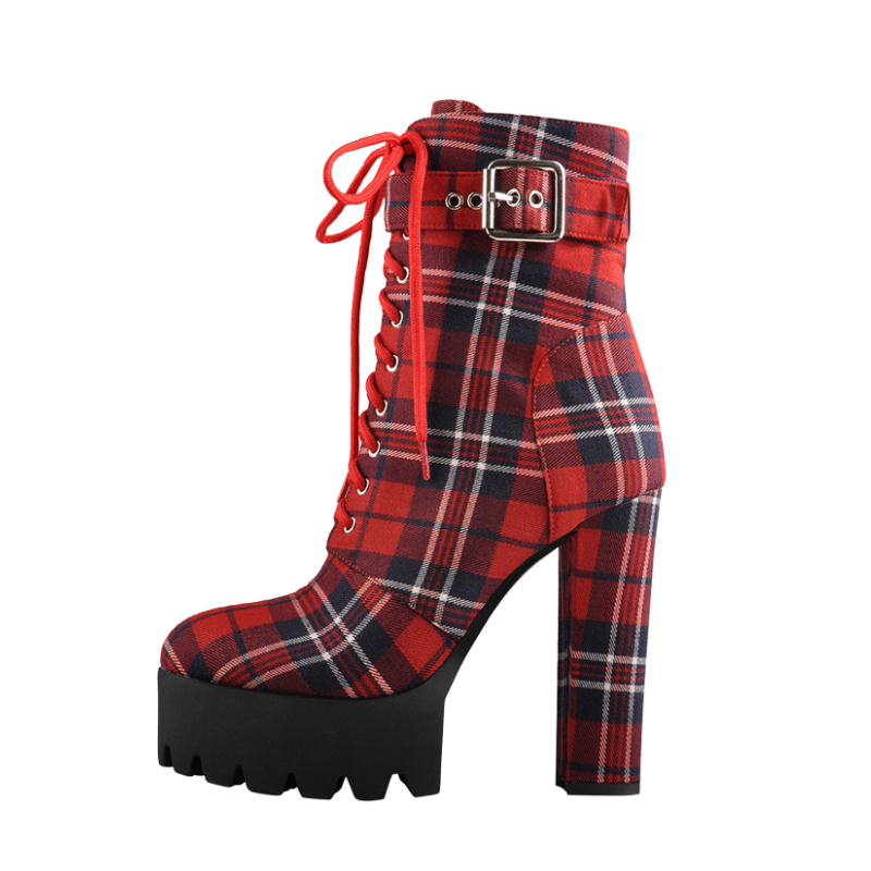 Bota Coturno Cano Baixo Salto Bloco Xadrez