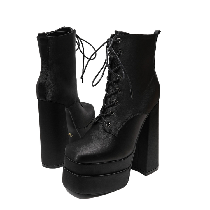 Bota Coturno Salto Bloco Cetim Preto