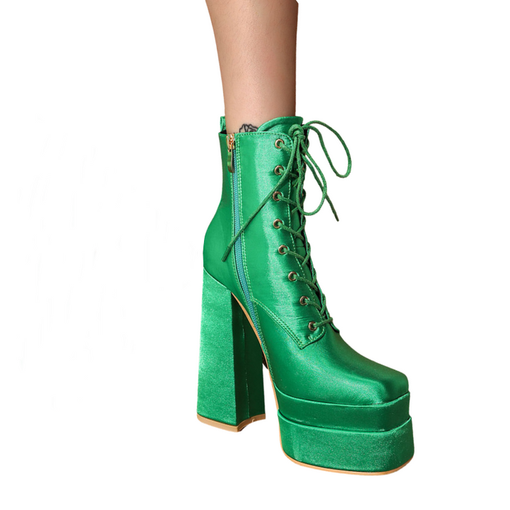Bota Coturno Salto Bloco Cetim Verde