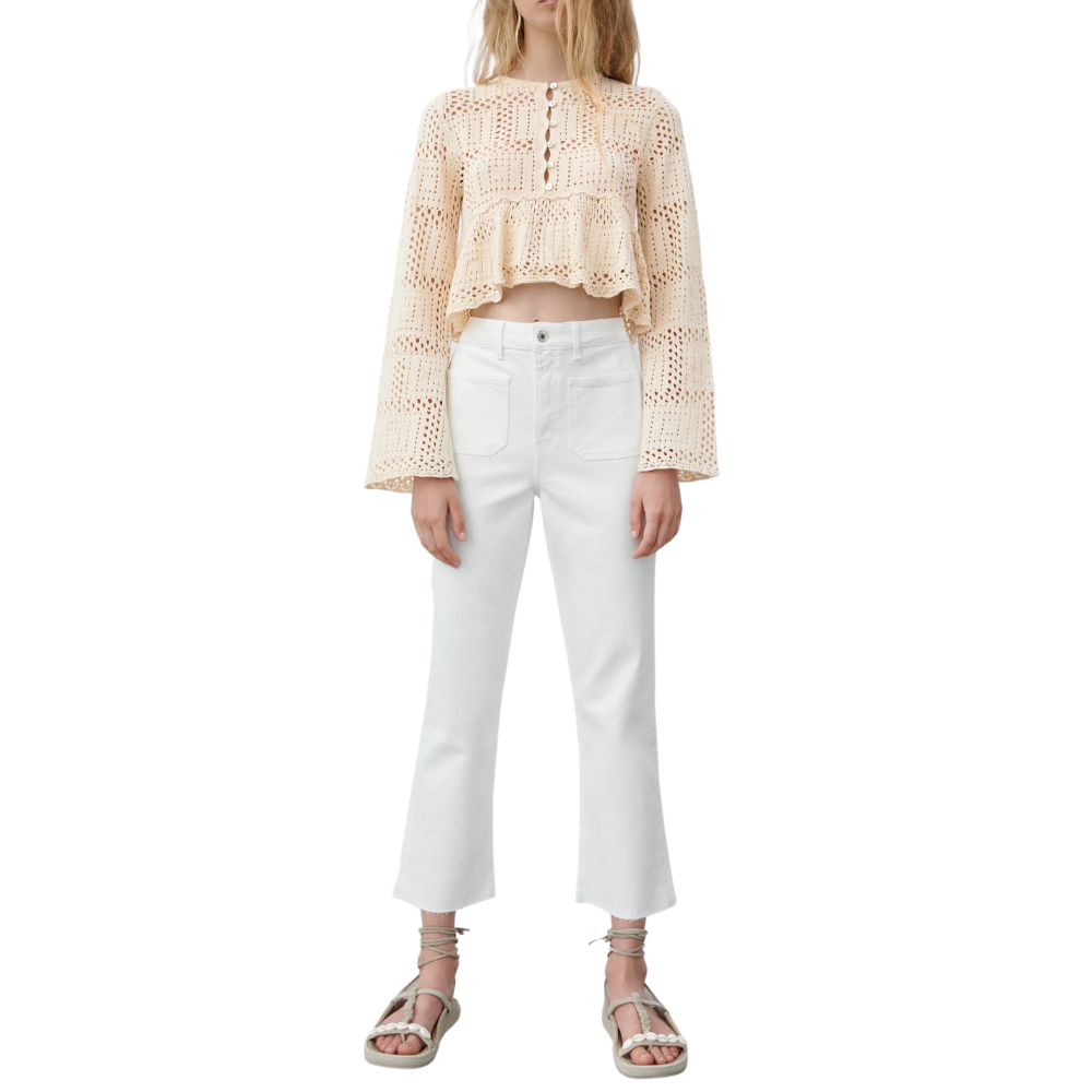 Blusa Cropped Crochet Com Manga Flare