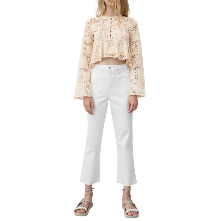 Blusa Cropped Crochet Com Manga Flare